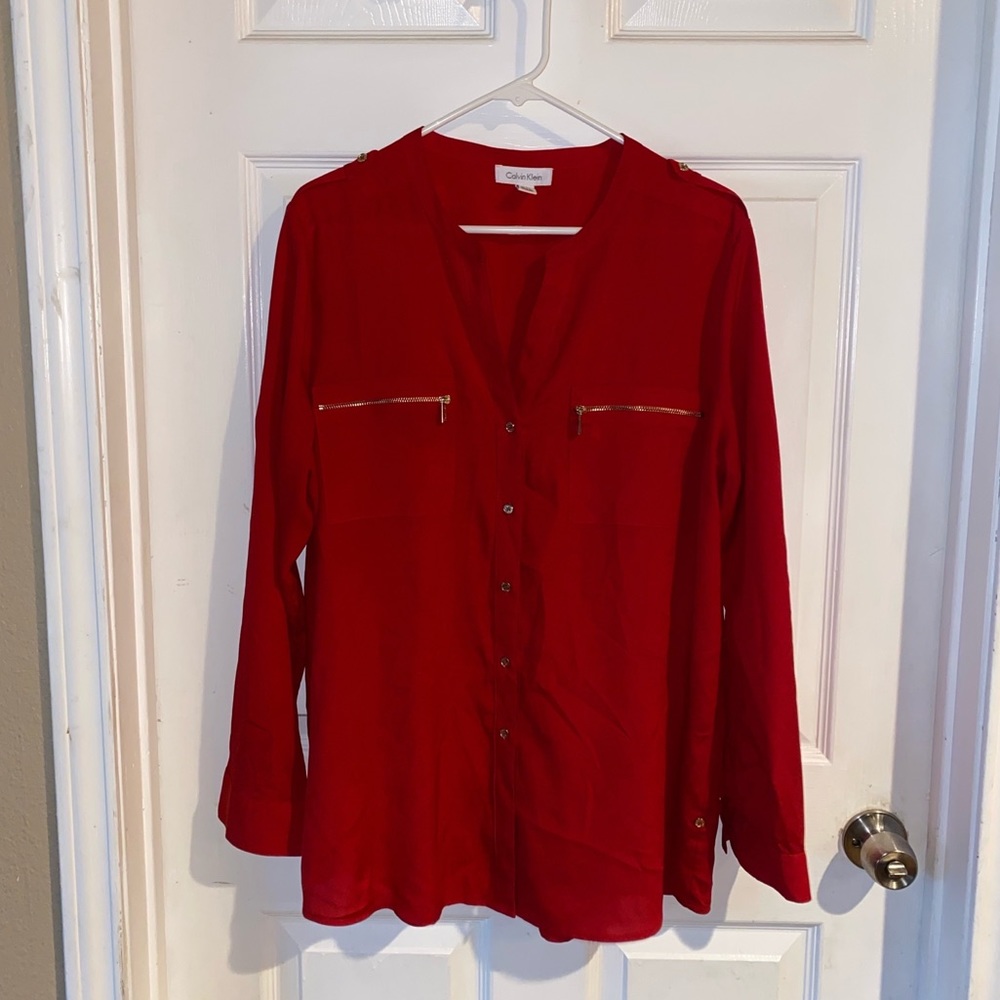 Calvin Klein Red Blouse with Gold Buttons
